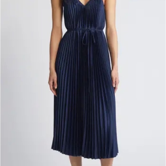 Sam Edelman Plisse Tie Waist Satin Dress Navy Sz L - Picture 1 of 8